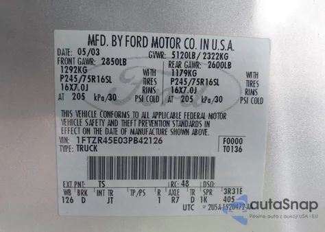 2003 Ford Ranger Edge/Xlt из США, поврежденный, VIN 1FTZR45E03PB42126